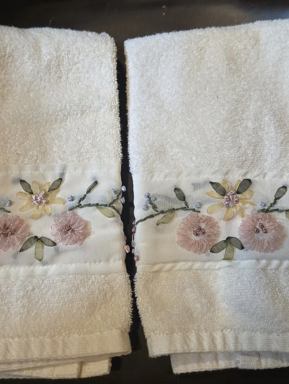 1888 Mills Set of 2 Embroidered Floral Hand Towels White Pink Yellow 100% Cotton